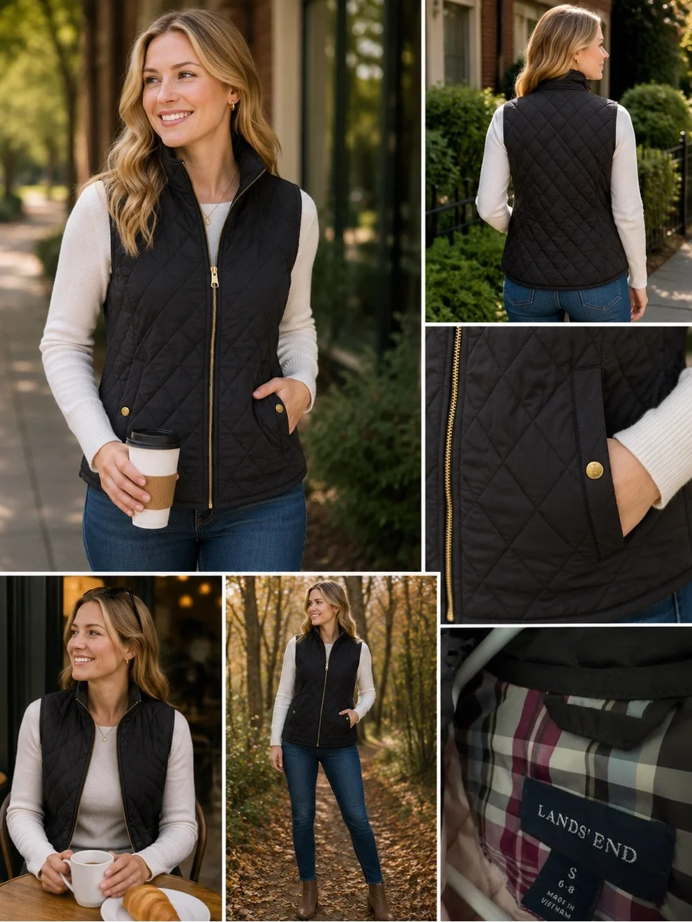 Lands' End Black Quilted Vest with Pink Plaid Lining